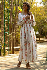 Offwhite Chiffon Printed Flared Dress with Waist Tie-up